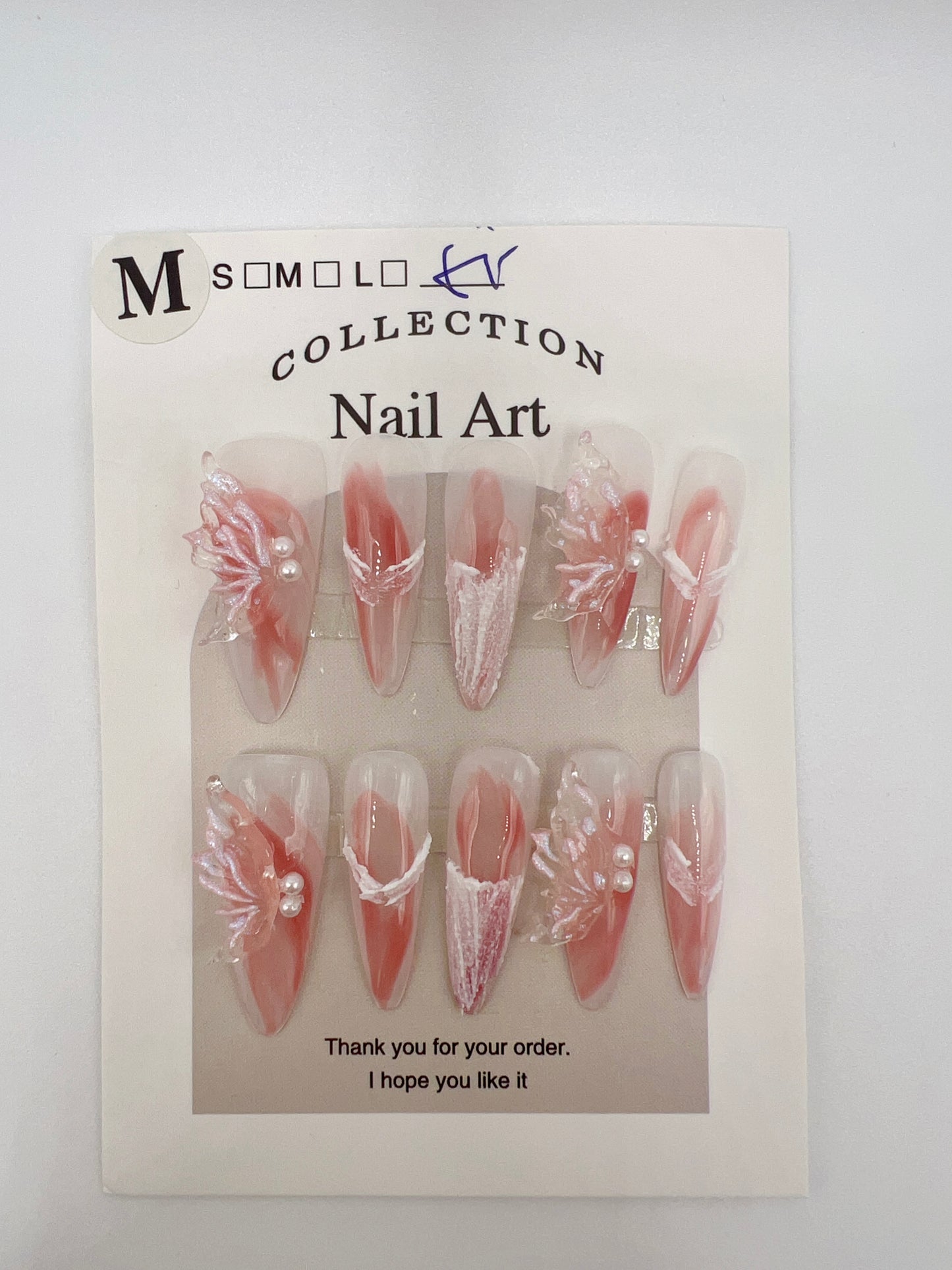 Pink Long Stiletto Press On Nails with Half Wing and Pearl – Medium Size