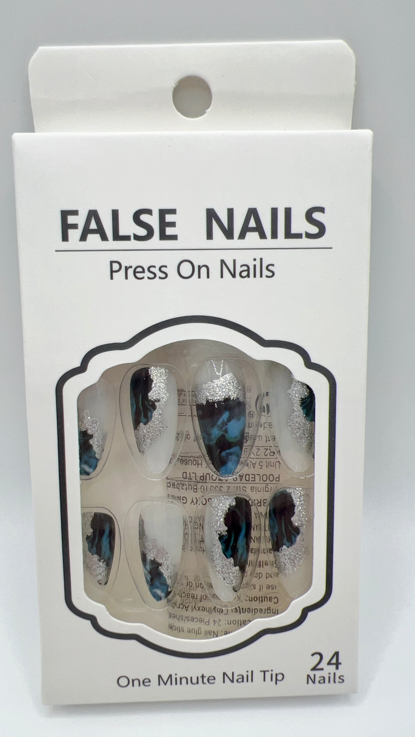 24pcs Almond Press On Nails Blue Gradient with Silver Glitter 23–25mm Fit All Sizes