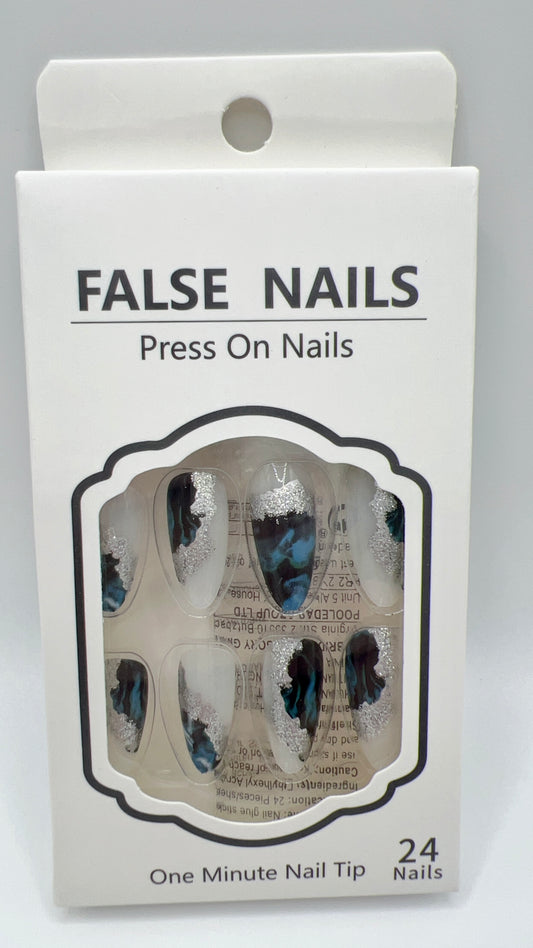 24pcs Almond Press On Nails Blue Gradient with Silver Glitter 23–25mm Fit All Sizes