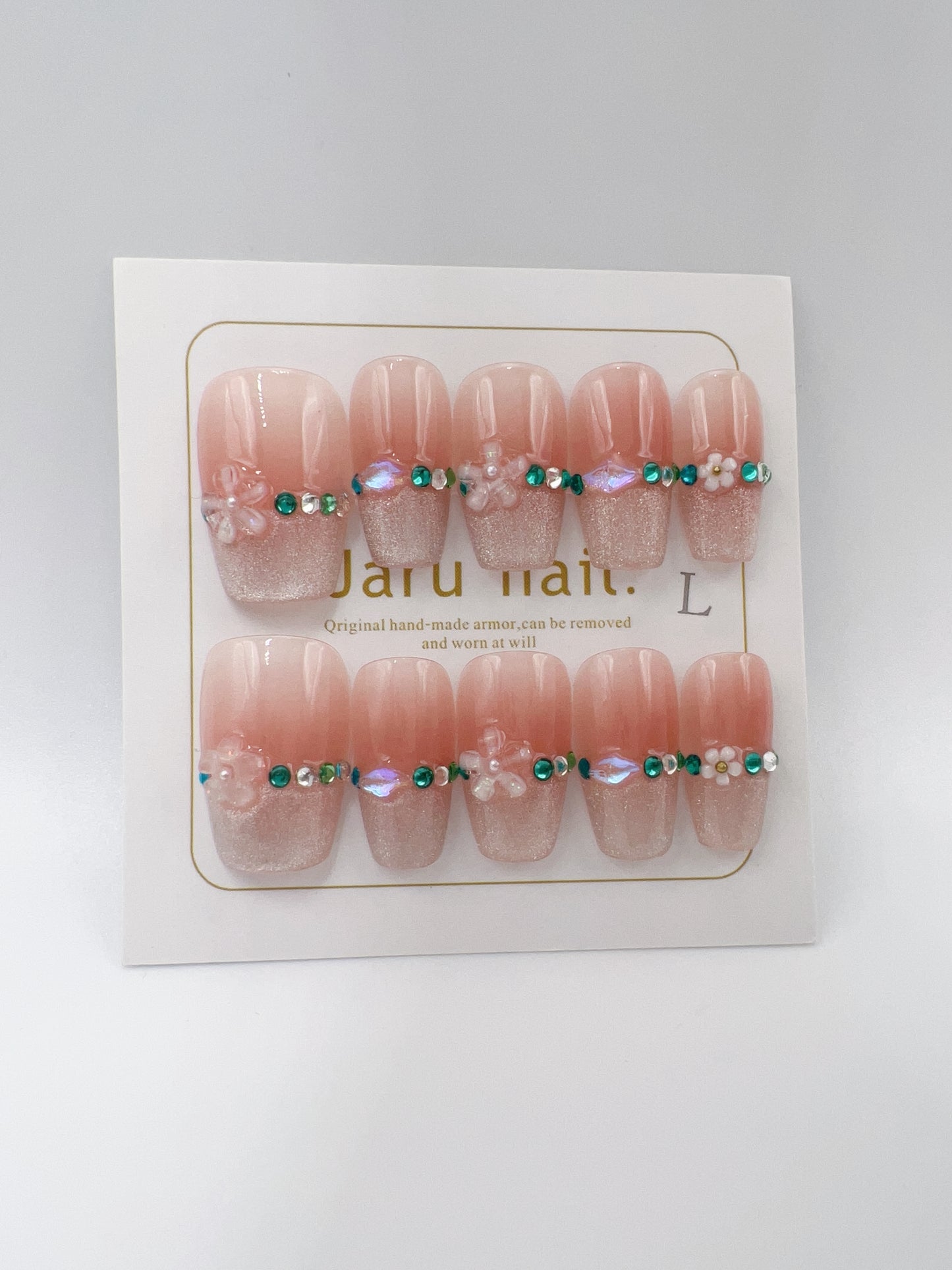 Short Coffin Press-On Nails with Rhinestones & 2D Flower Charms – Large Size