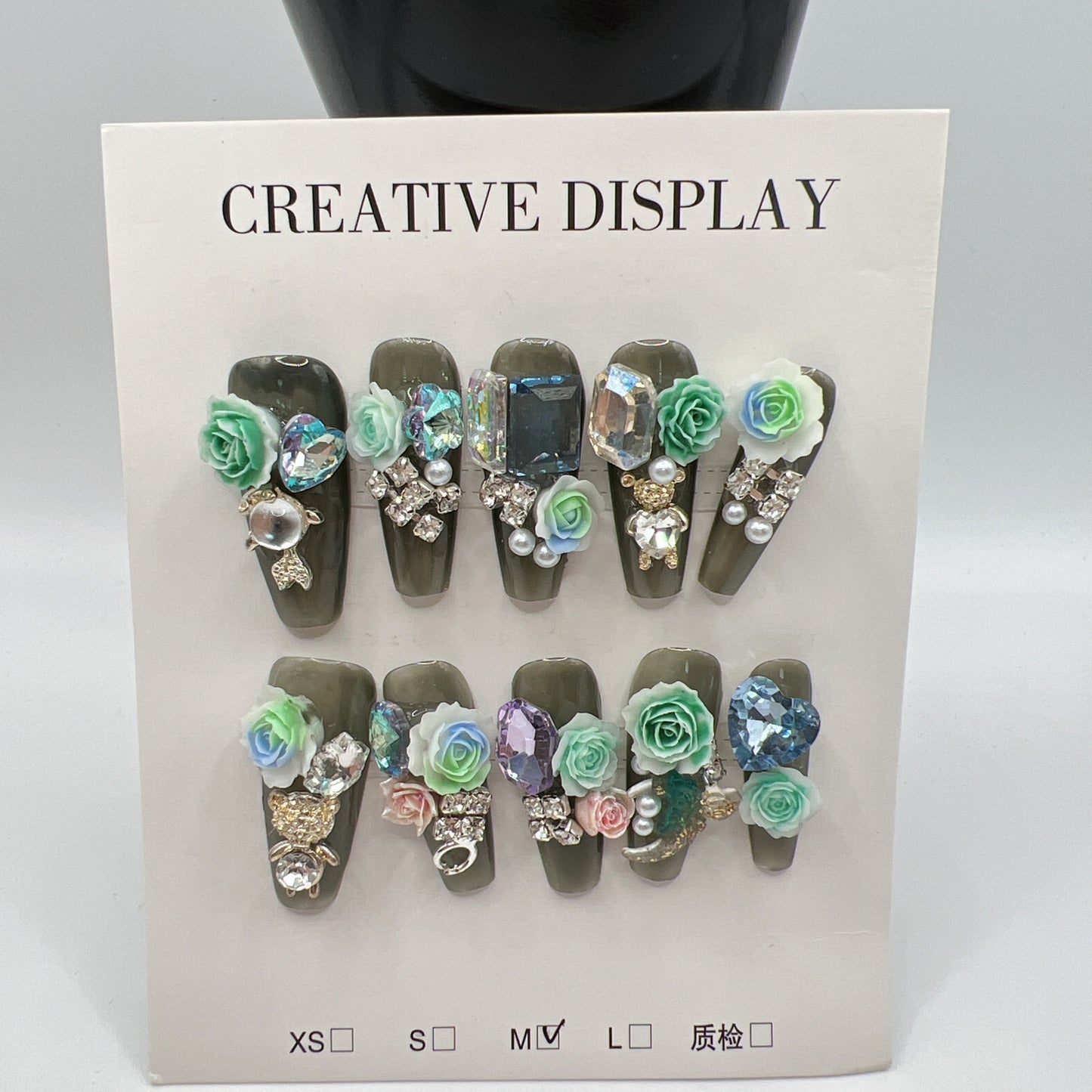 Long Coffin Press On Nails with Heavy Rhinestone & 2D Flower Charms – 10 Designs, Medium Size