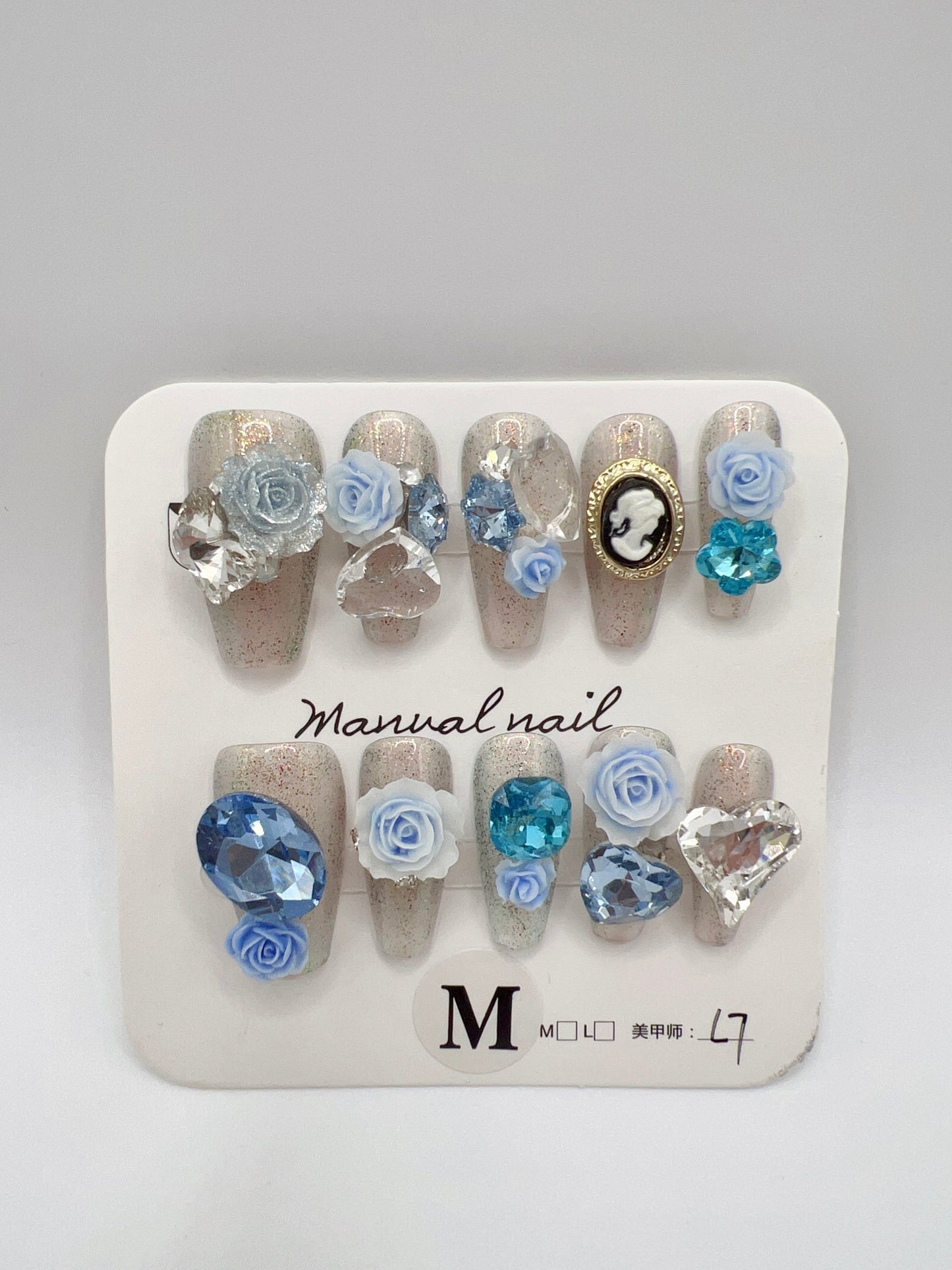 Glitter Medium Coffin Press On Nails with Rhinestone and 2D Flower Charms