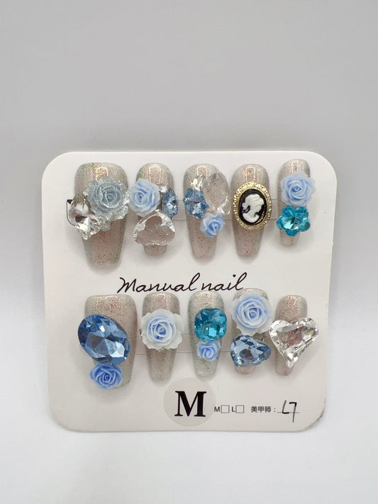 Glitter Medium Coffin Press On Nails with Rhinestone and 2D Flower Charms