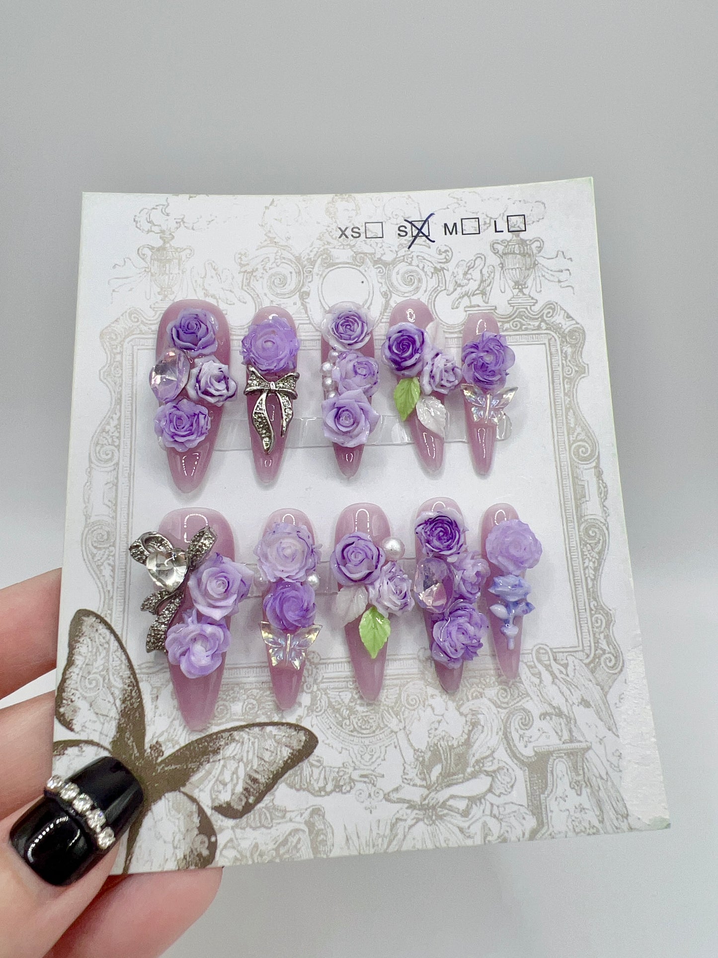 Purple Long Stiletto Press On Nails with Rhinestone 2D Flowers – Small Size