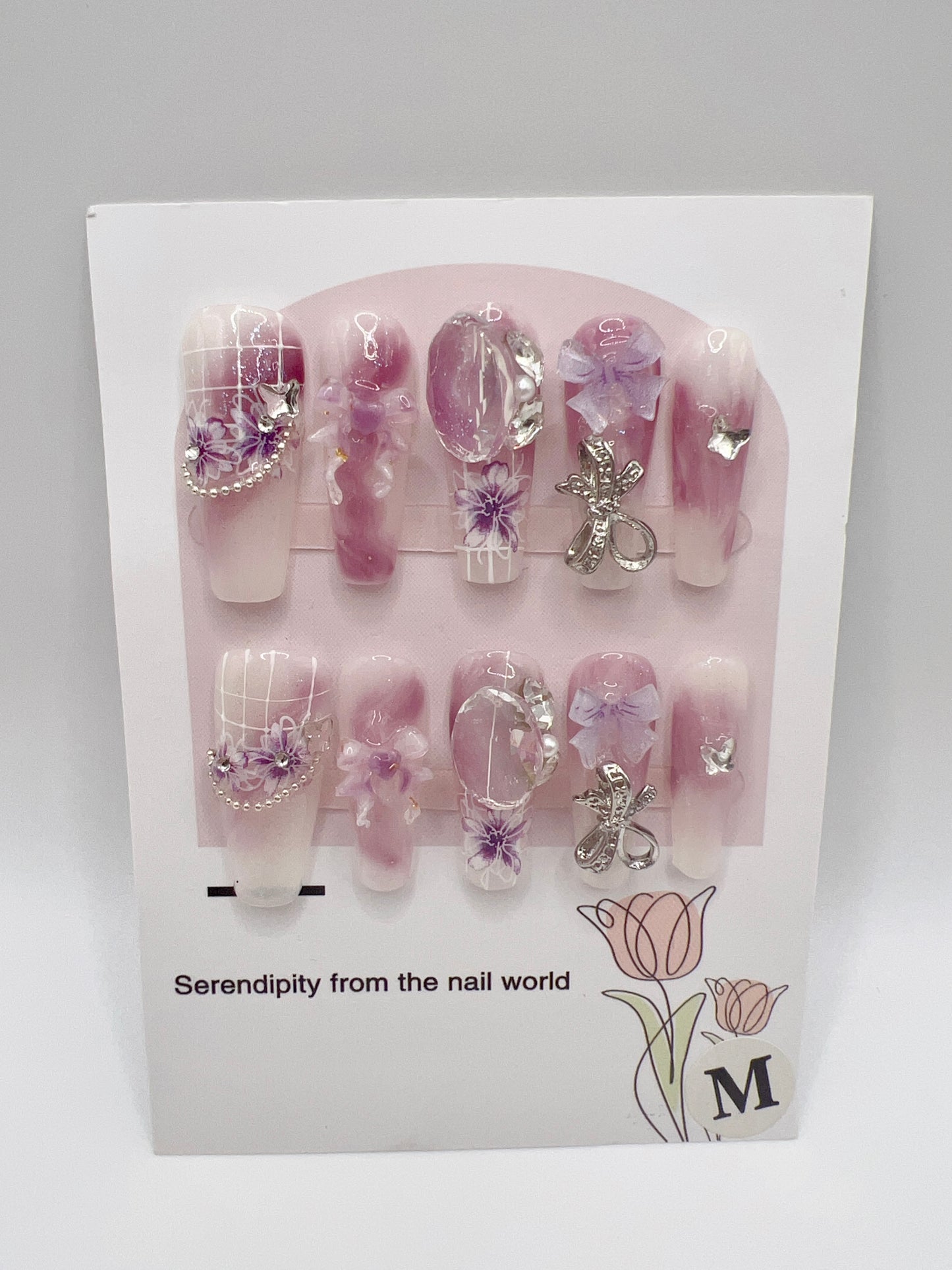 Long Coffin Press On Nails with Rhinestone and Flower Design