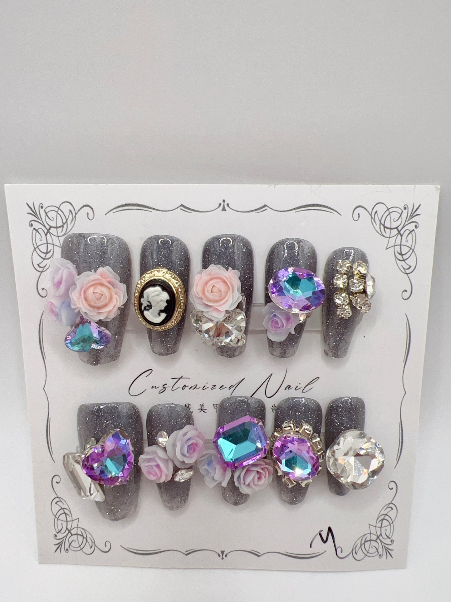 4 Sets Medium Coffin Press On Nails with Rhinestone and 2D Flower - Medium Size