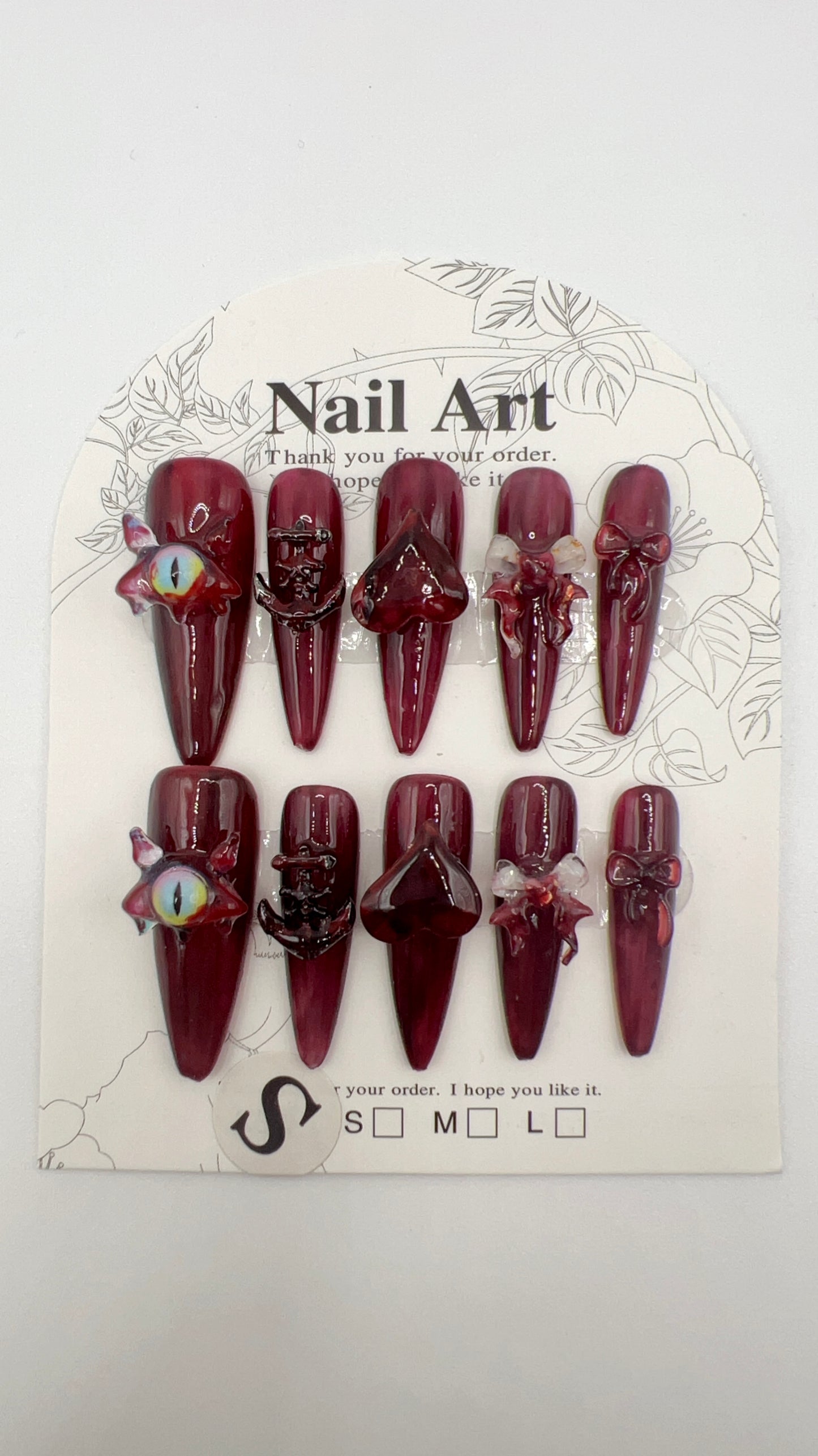 Long Stiletto Press-On Nails with Charms – Red Halloween Style
