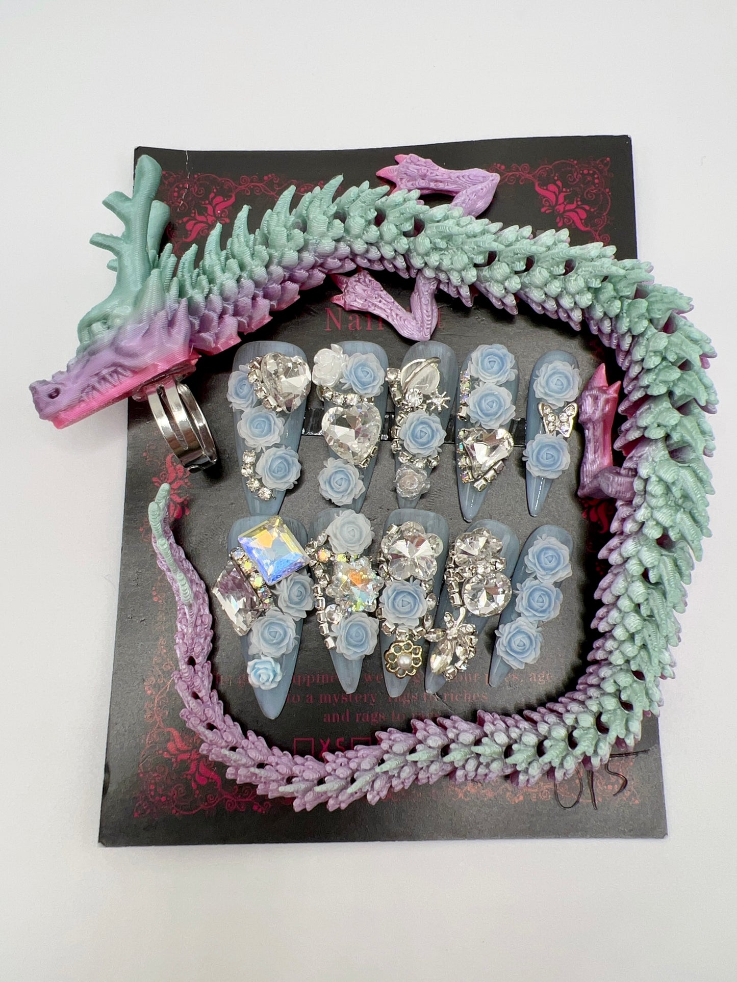 Luxury Rhinestone Press-On Nails with 3D Flower Charms & Dragon Rings – Long Stiletto, Large Size, Reusable