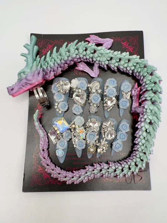 Luxury Rhinestone Press-On Nails with 3D Flower Charms & Dragon Rings – Long Stiletto, Large Size, Reusable