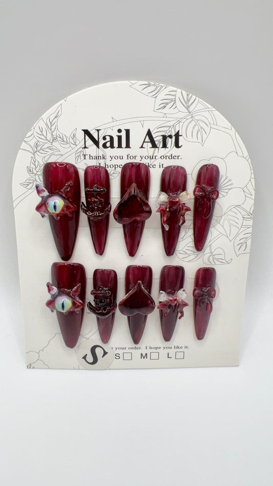 Long Stiletto Press-On Nails with Charms – Red Halloween Style