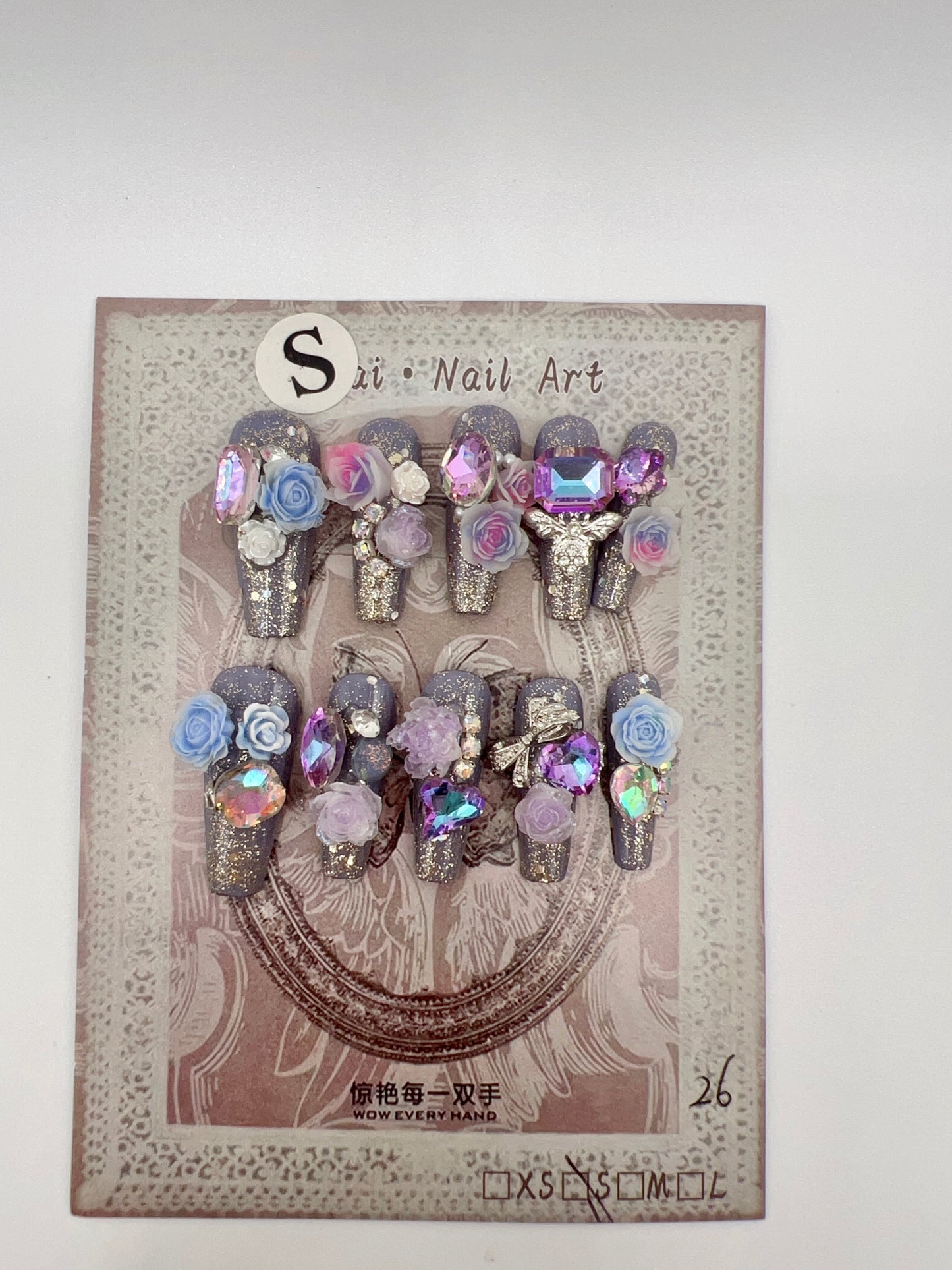 Long Coffin Press On Nails with Rhinestone and 2D Flowers – Small Size