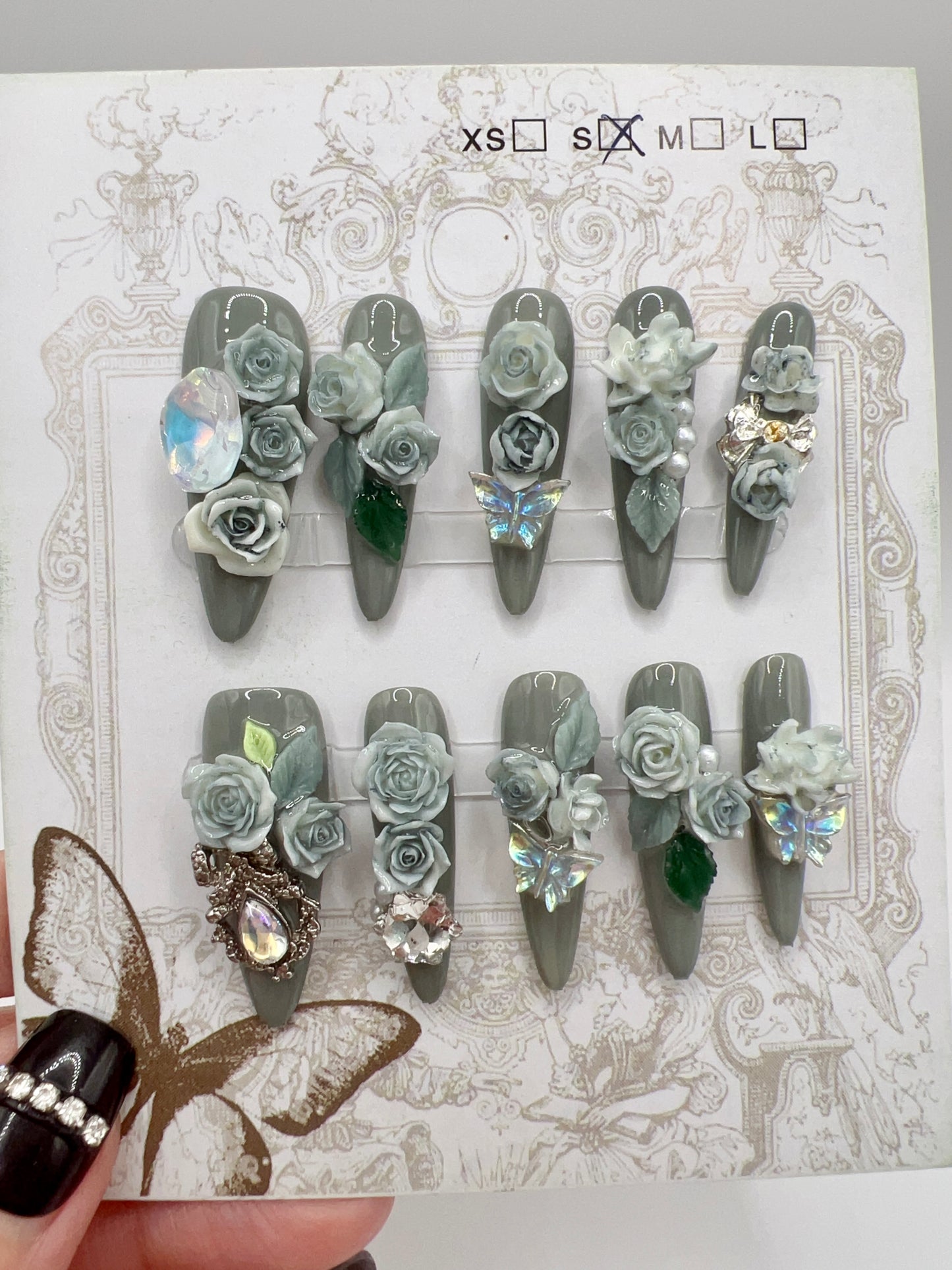 Purple Long Stiletto Press On Nails with Rhinestone 2D Flowers – Small Size