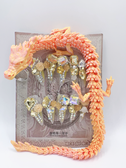 Luxury Rhinestone Press-On Nails with 3D Flower Charms & Dragon Rings – Long Stiletto, Large Size, Reusable