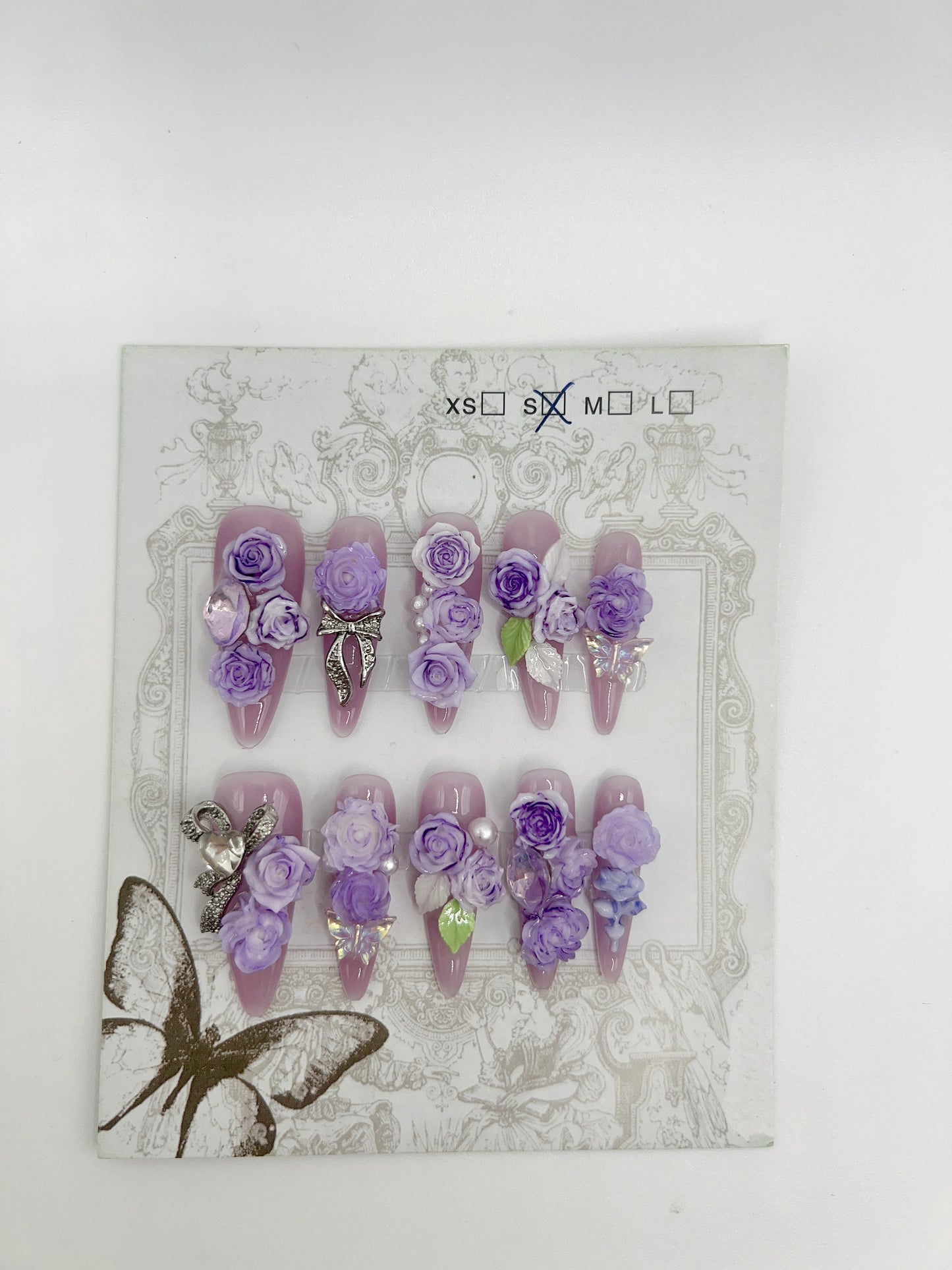 Purple Long Stiletto Press On Nails with Rhinestone 2D Flowers – Small Size