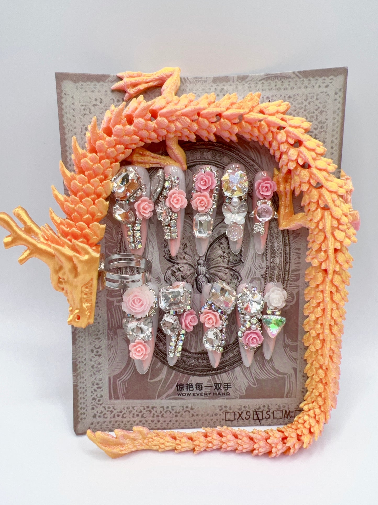 Luxury Rhinestone Press-On Nails with 3D Flower Charms & Dragon Rings – Long Stiletto, Small Size, Reusable