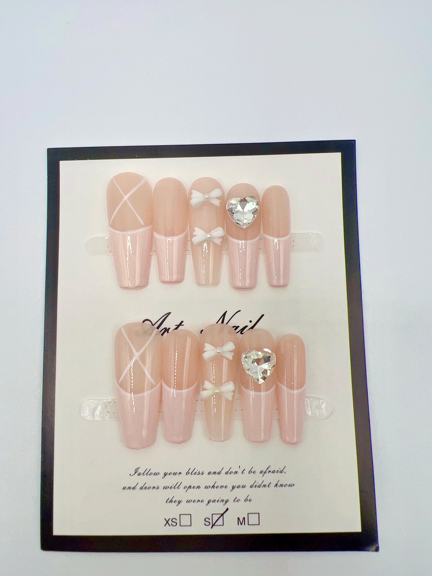 Pink Long Coffin Press-On Nails with Rhinestone & French Tip – Small Size