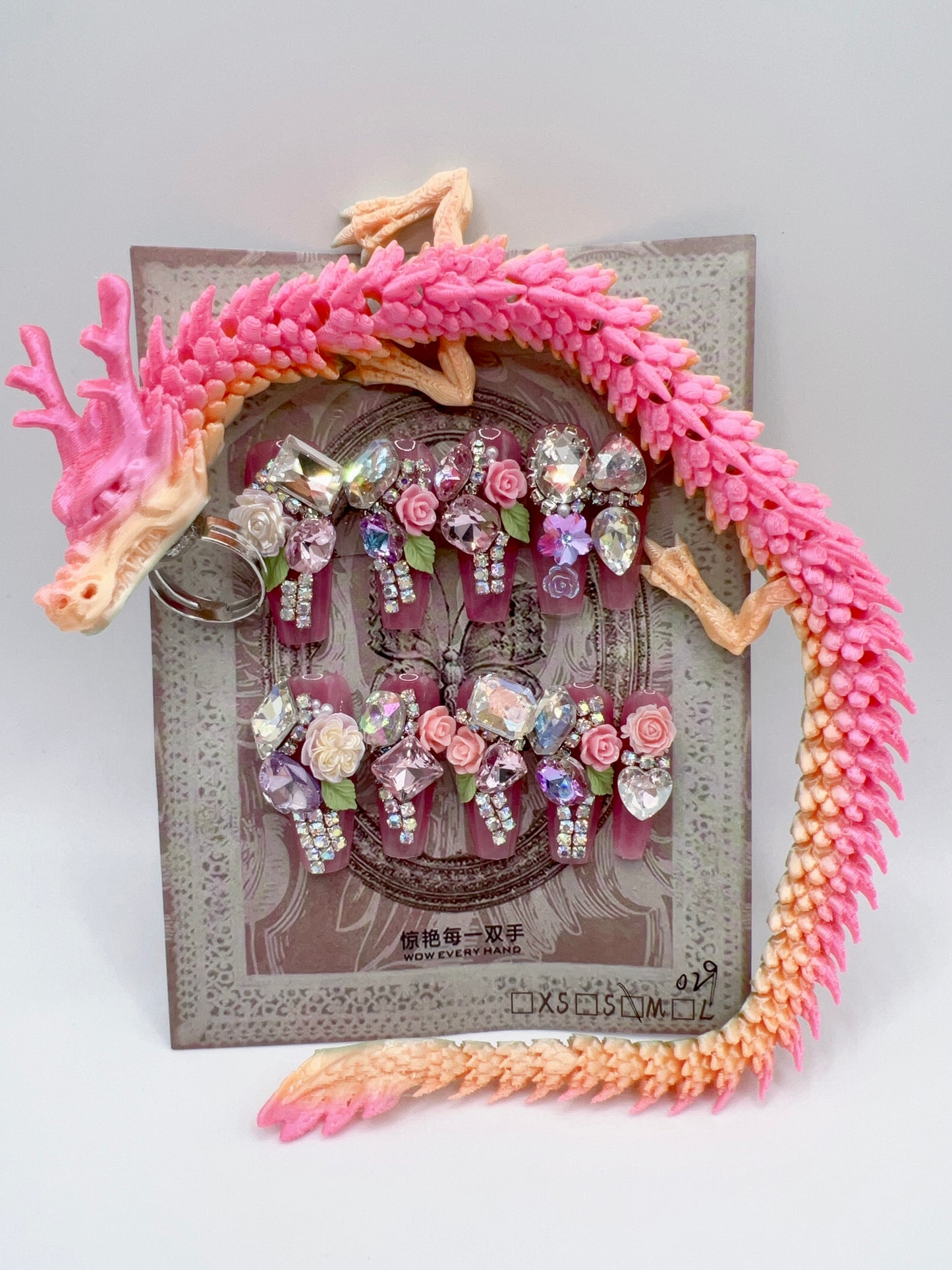 Luxury Rhinestone Press-On Nails with 3D Flower Charms & Dragon Rings – Long Coffin, Medium Size, Reusable