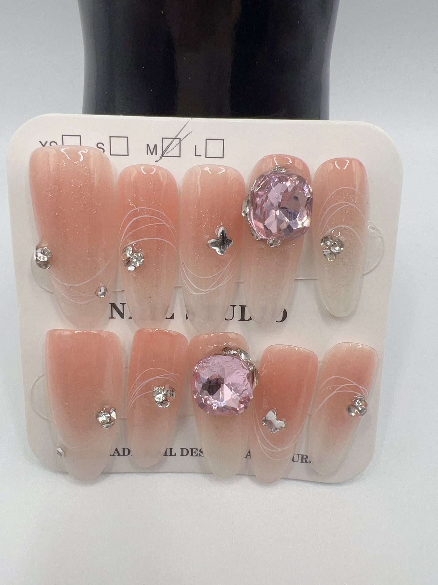 Long Oval Press On Nails with Rhinestone Charms – Glam Fake Nails, Medium Size, 10 Designs