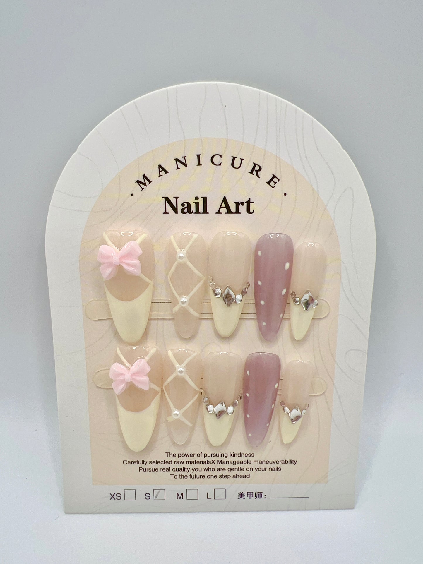 Long Oval Press-On Nails with Rhinestone & Bow Charms – French Tip, Small Size