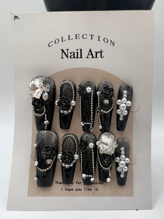 Long Coffin Press On Nails with Rhinestone Charms – 10 Designs, Medium Size