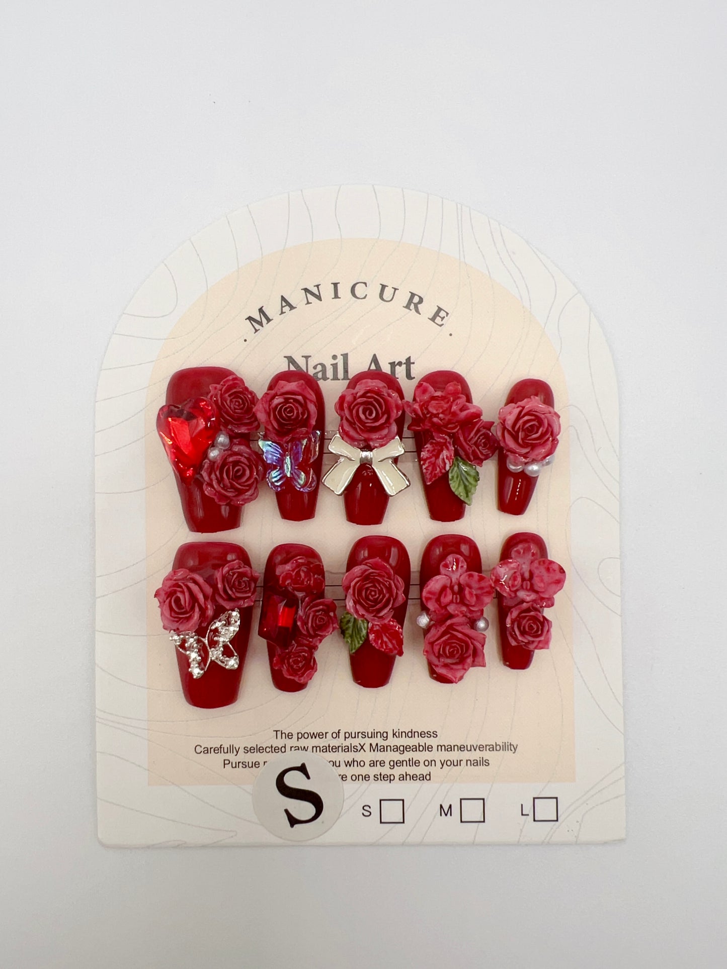 Medium Coffin Press On Nails with Rhinestone & 2D Flowers – Small Size