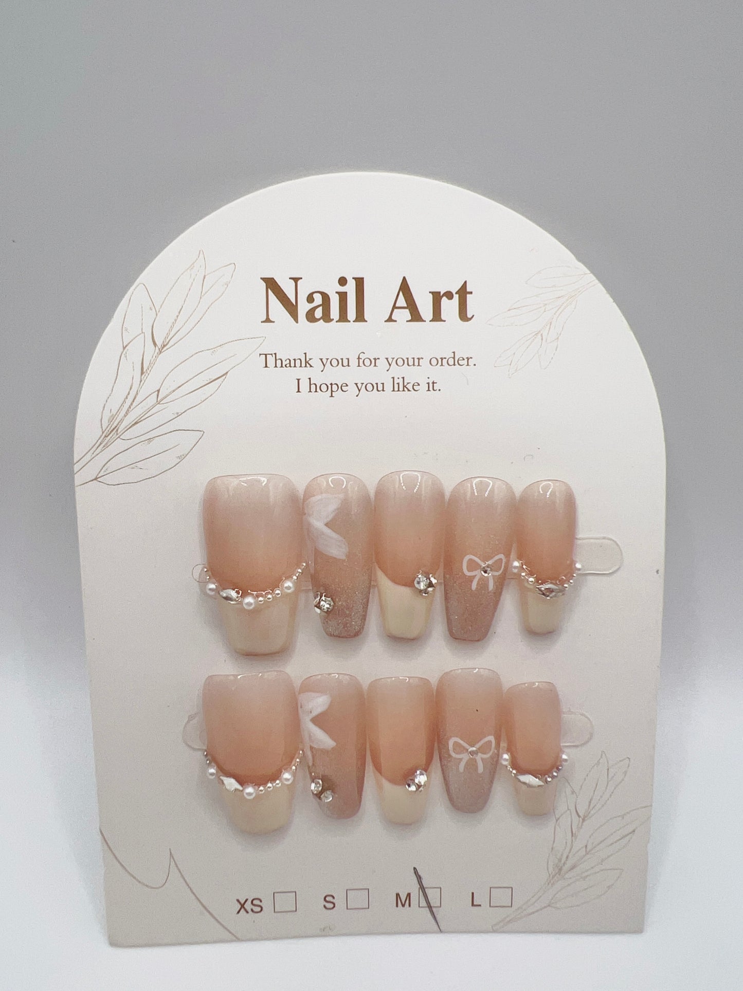 Medium Coffin French Tip Press On Nails with Rhinestone and Pearl