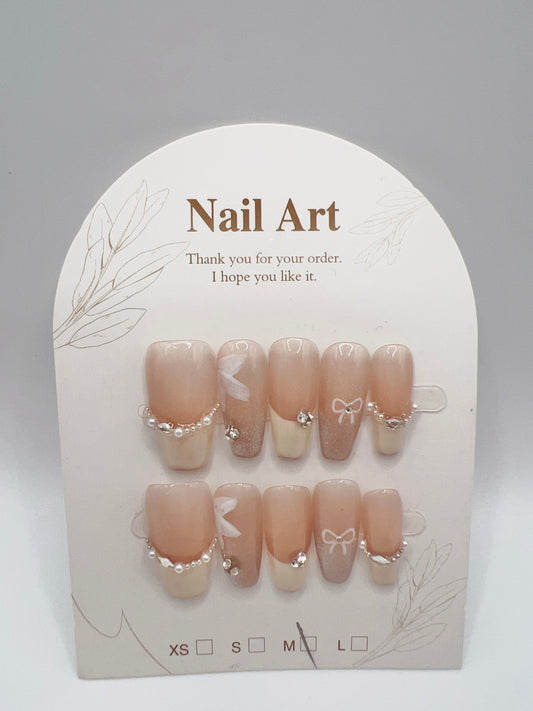 Medium Coffin French Tip Press On Nails with Rhinestone and Pearl