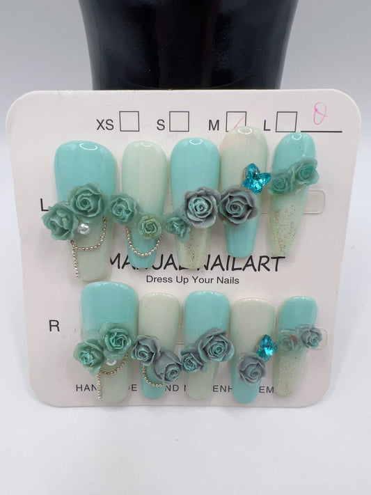 Long Coffin Press On Nails with Rhinestone Charms – 10 Designs, Medium Size