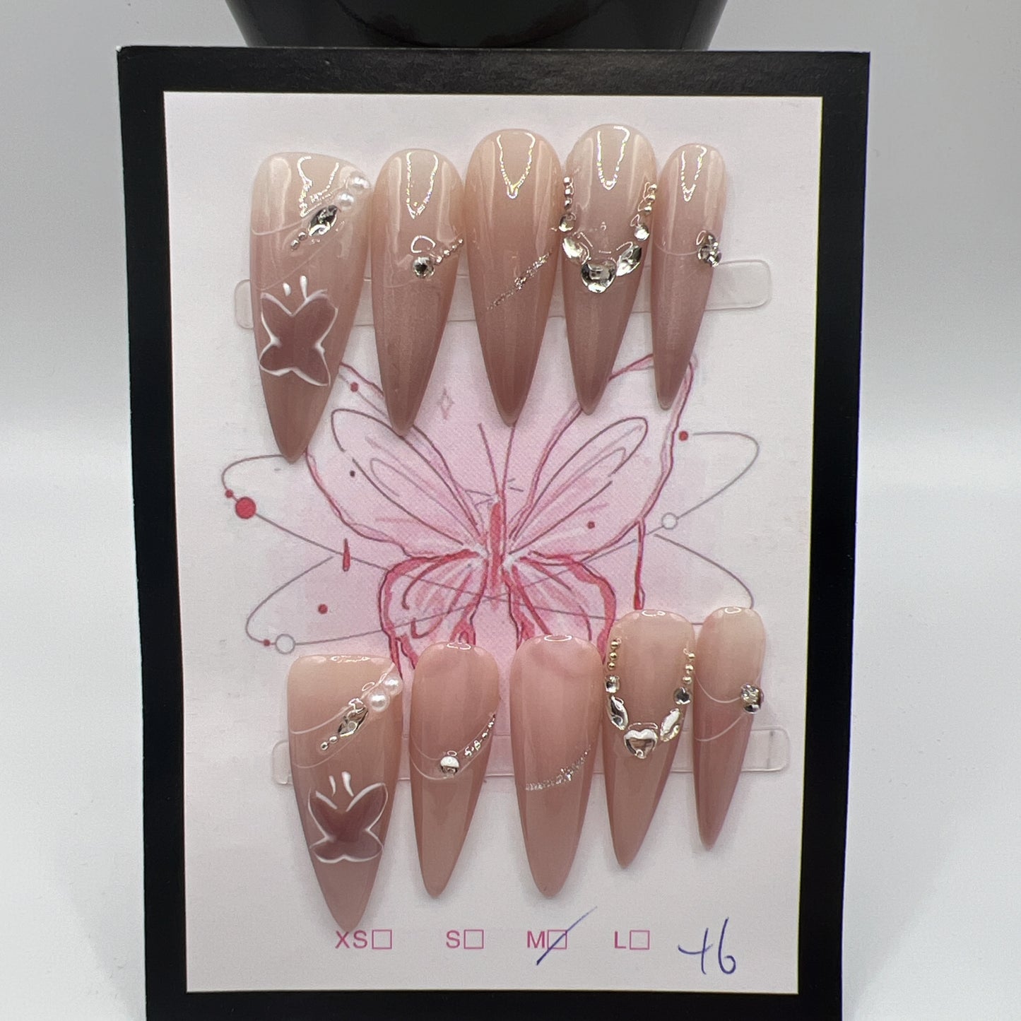 Long Stiletto Press On Nails with Rhinestone Charms – 10 Designs, Medium Size