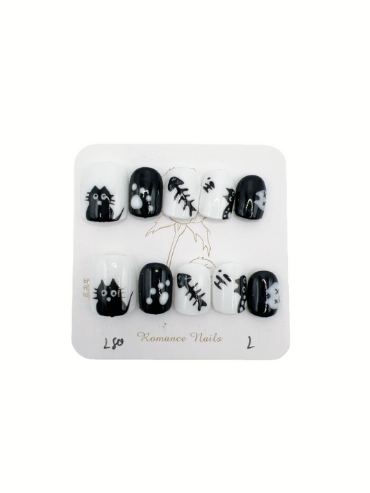 Short Square Press-On Nails with Cat Painted Design – Large Size