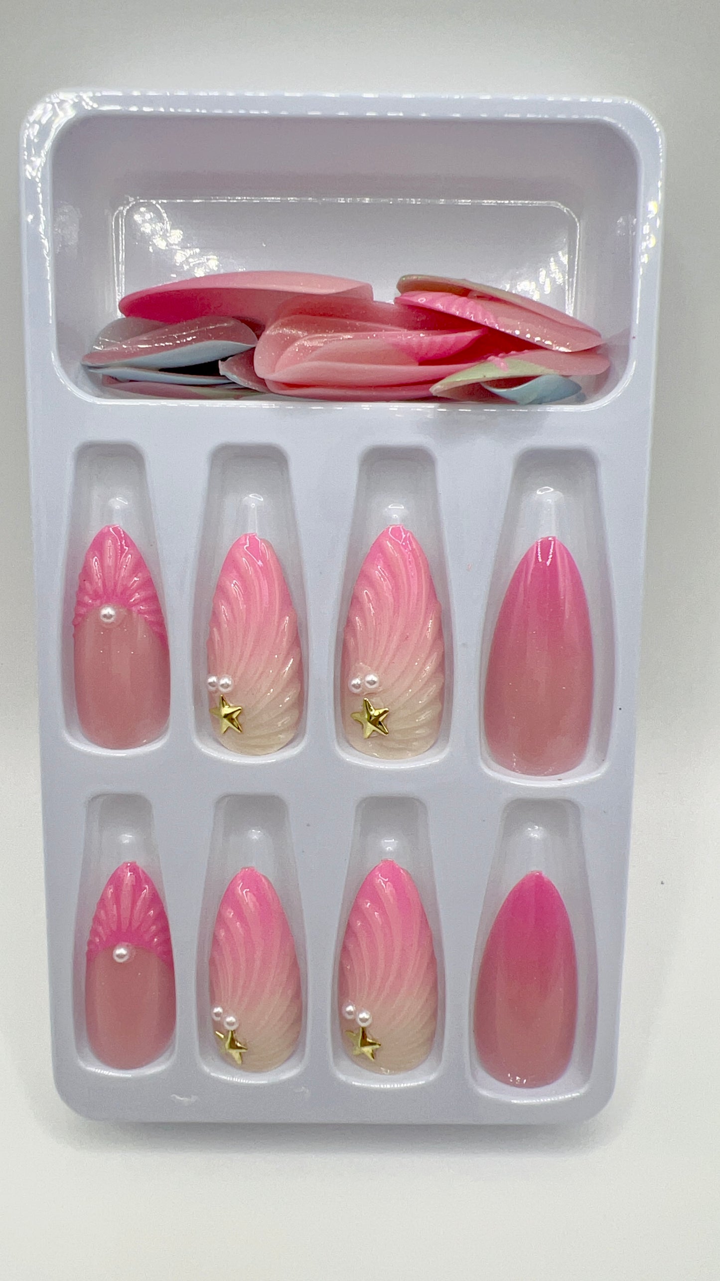 24 pcs Almond Press-On Nails – Pink Gradient with Pearl, Fashionable Style