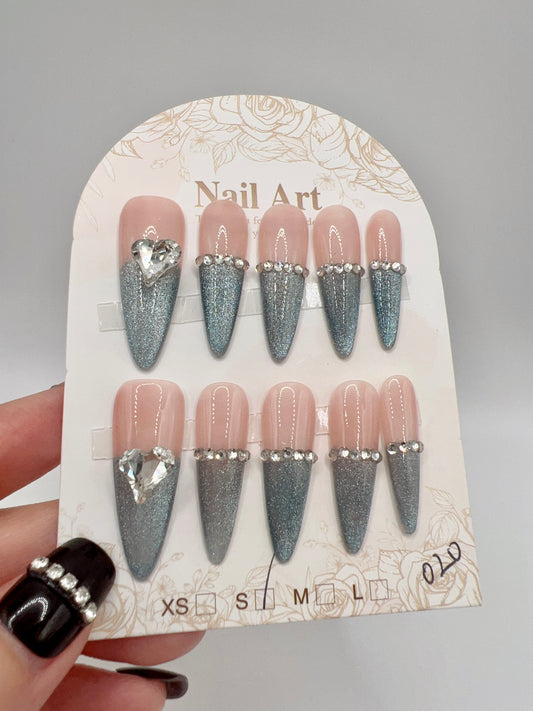 Long Stiletto Press On Nails with Rhinestone Shimmer French Tip – Small Size
