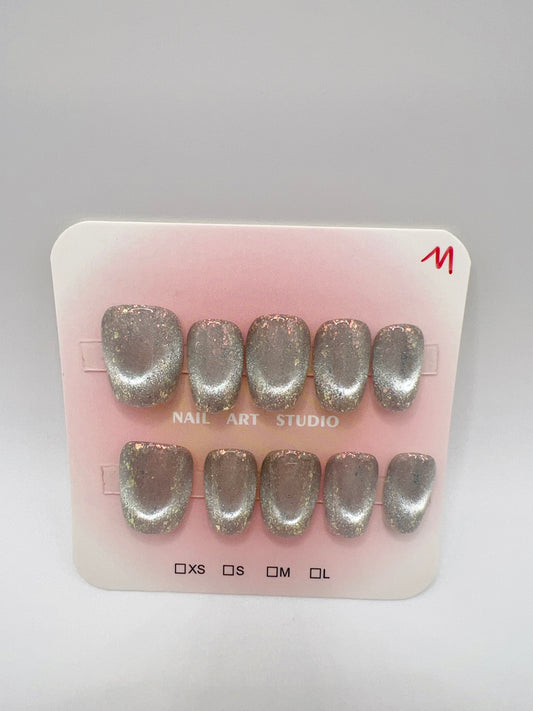 5 Set Short Square Press-On Nails with Cat Eye or Glitter Design