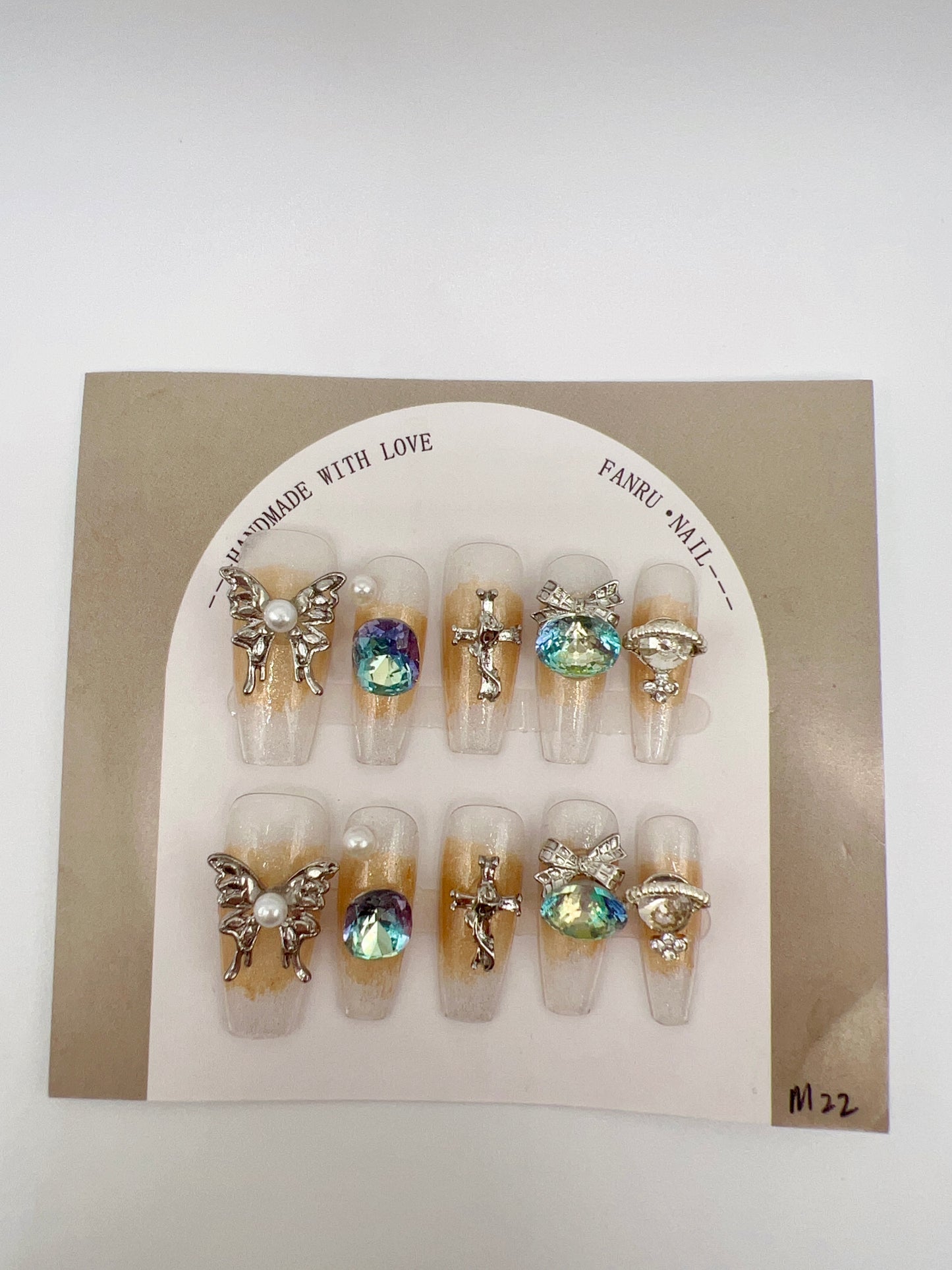 Long Coffin Press On Nails with Rhinestone – Medium Size