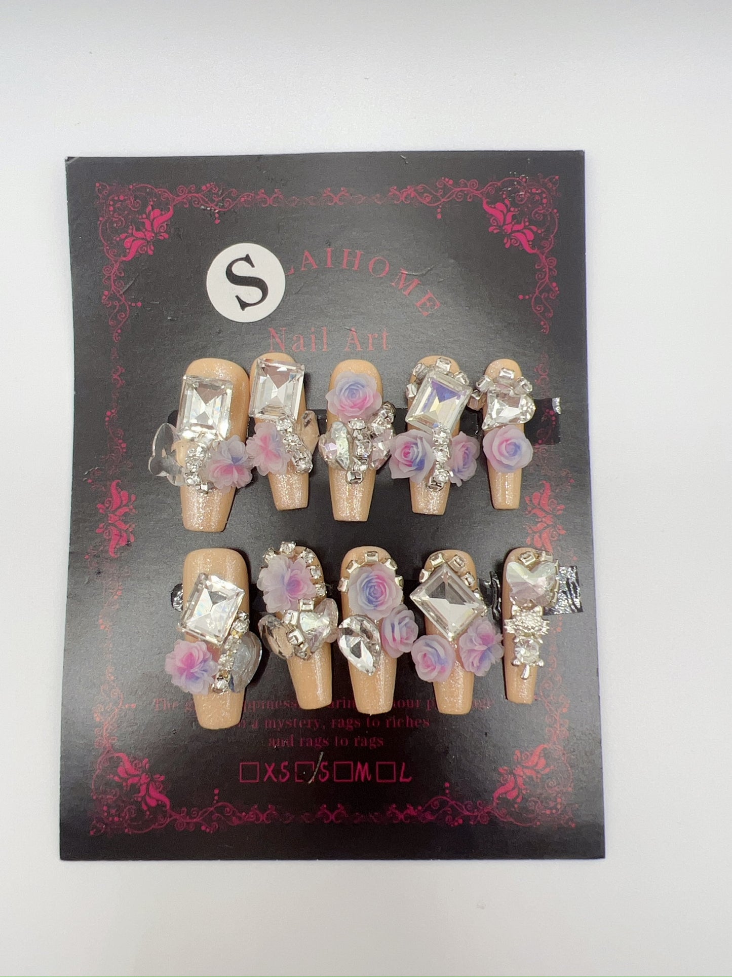 Long Coffin Press On Nails with Rhinestone and 2D Flowers – Small Size