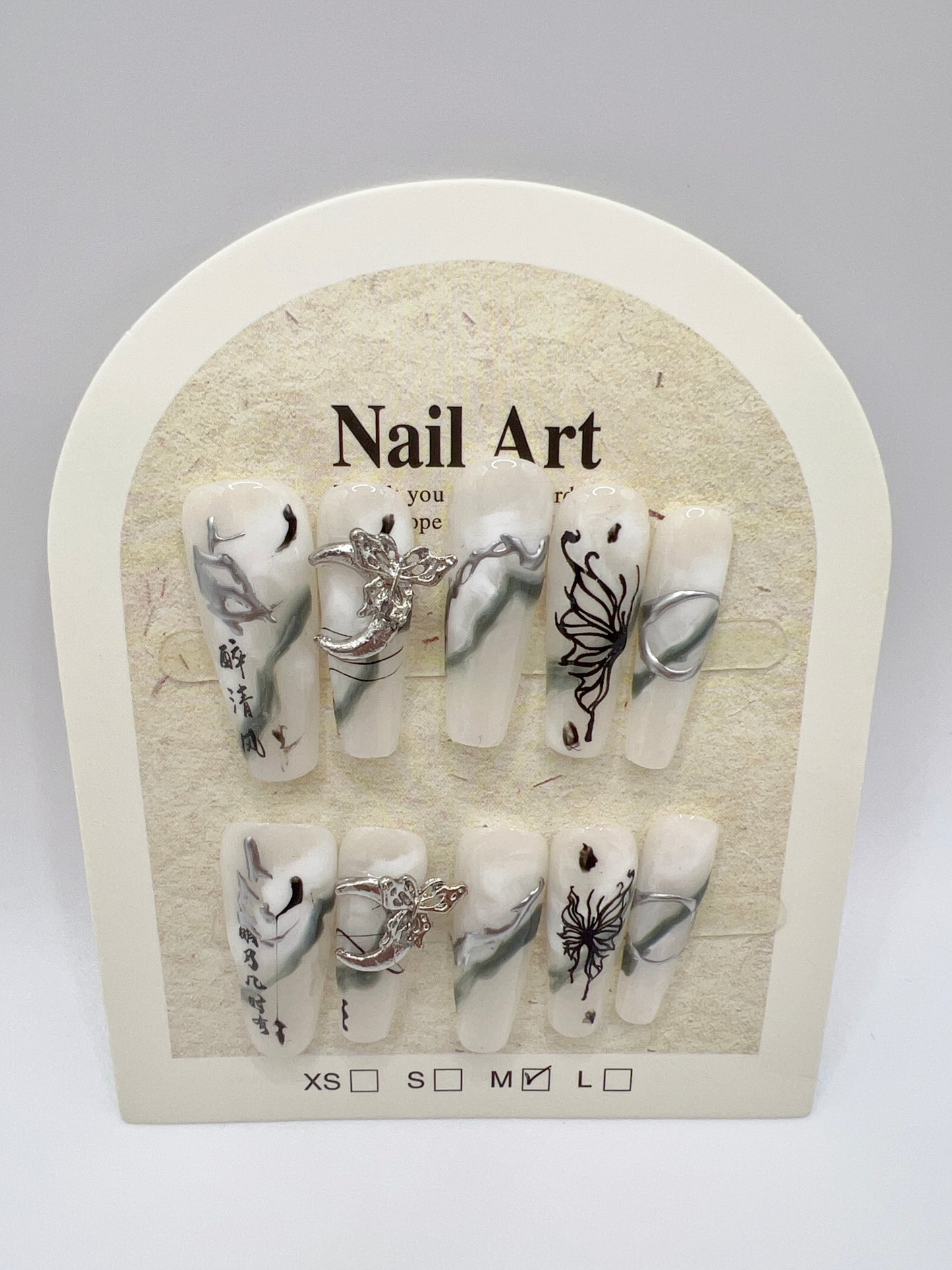 Long Coffin Press-On Nails with Rhinestone & Charms – 10 Designs, Medium Size