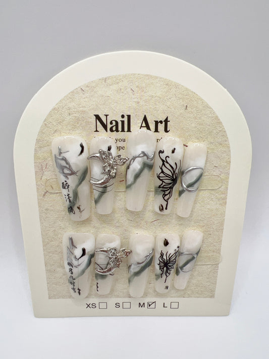 Long Coffin Press-On Nails with Rhinestone & Charms – 10 Designs, Medium Size
