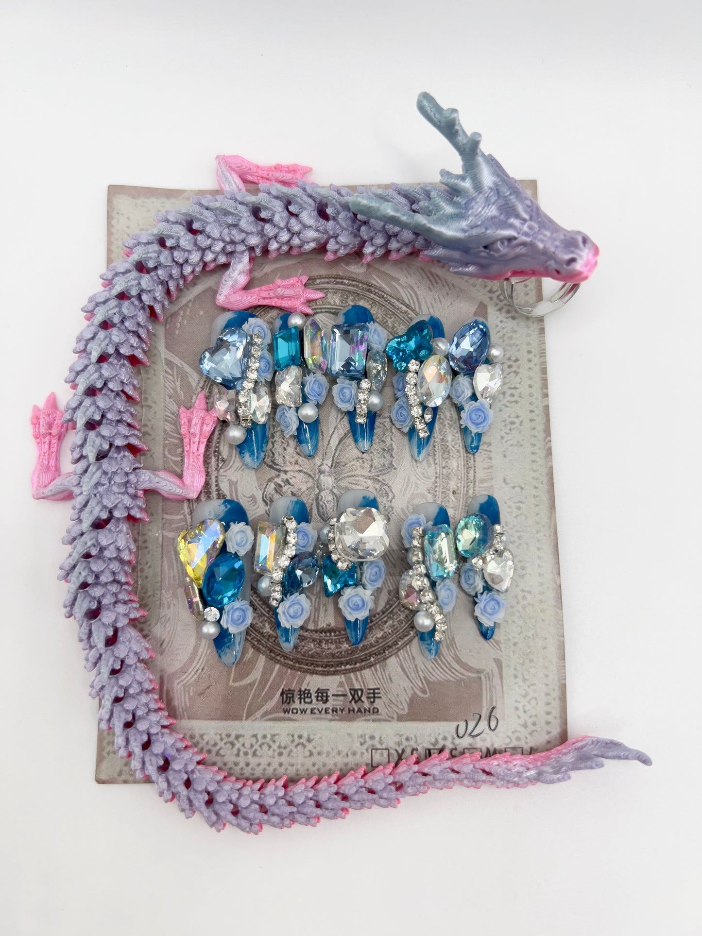 Luxury Rhinestone Press-On Nails with 3D Flower Charms & Dragon Rings – Long Stiletto, Small Size, Reusable