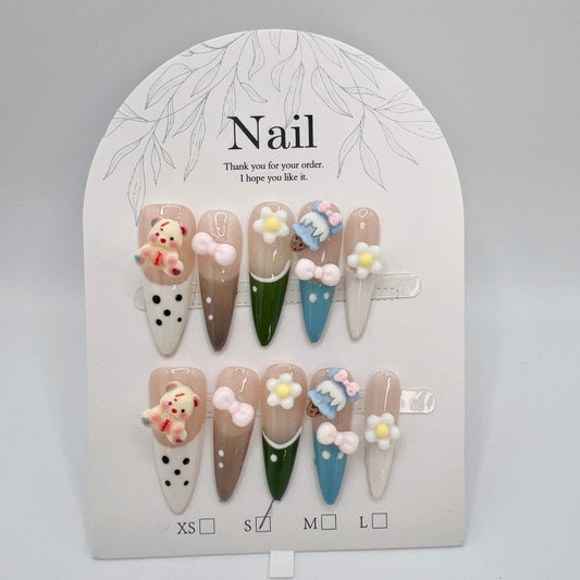 French Tip Long Stiletto Press On Nails with Cartoon Charms – Small Size