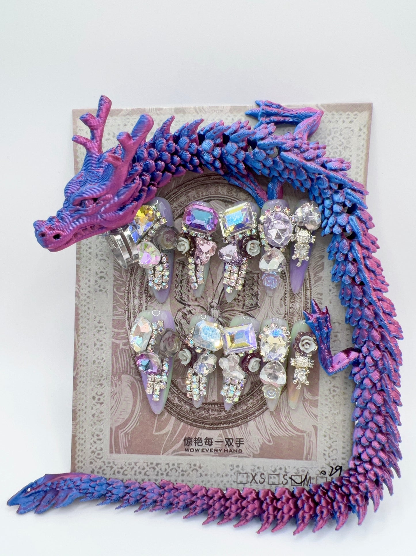 Luxury Rhinestone Press-On Nails with 3D Flower Charms & Dragon Rings – Long Stiletto, Medium Size, Reusable