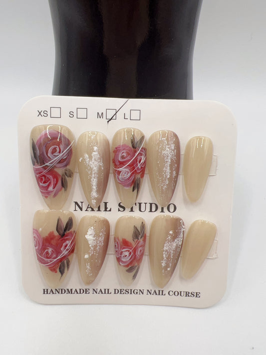 Almond Hand-Painted Watercolor Press-On Nails – 6 Designs, Medium Size