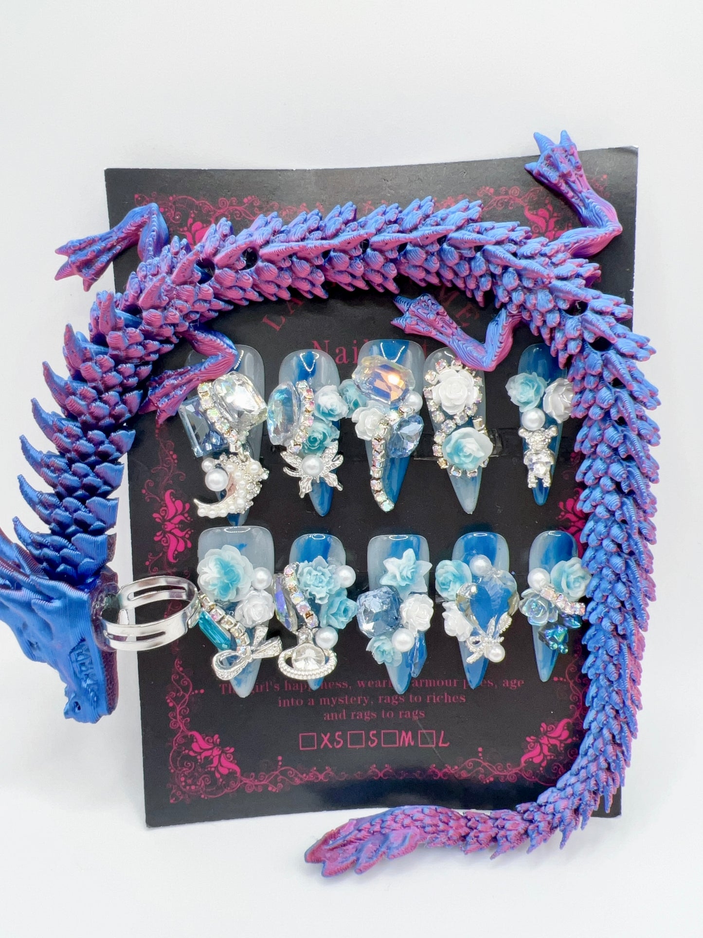 Luxury Rhinestone Press-On Nails with 3D Flower Charms & Dragon Rings – Long Stiletto, Large Size, Reusable