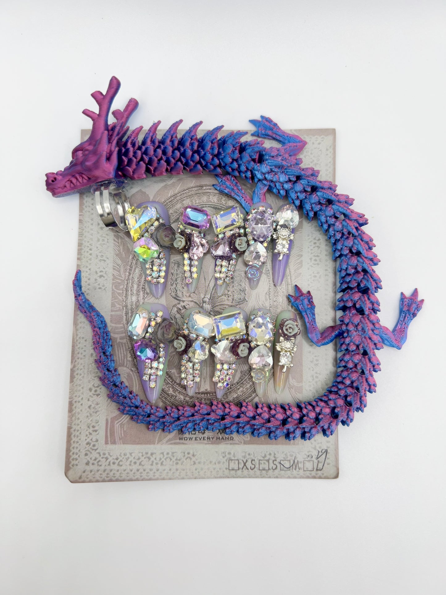 Luxury Rhinestone Press-On Nails with 3D Flower Charms & Dragon Rings – Long Stiletto, Medium Size, Reusable