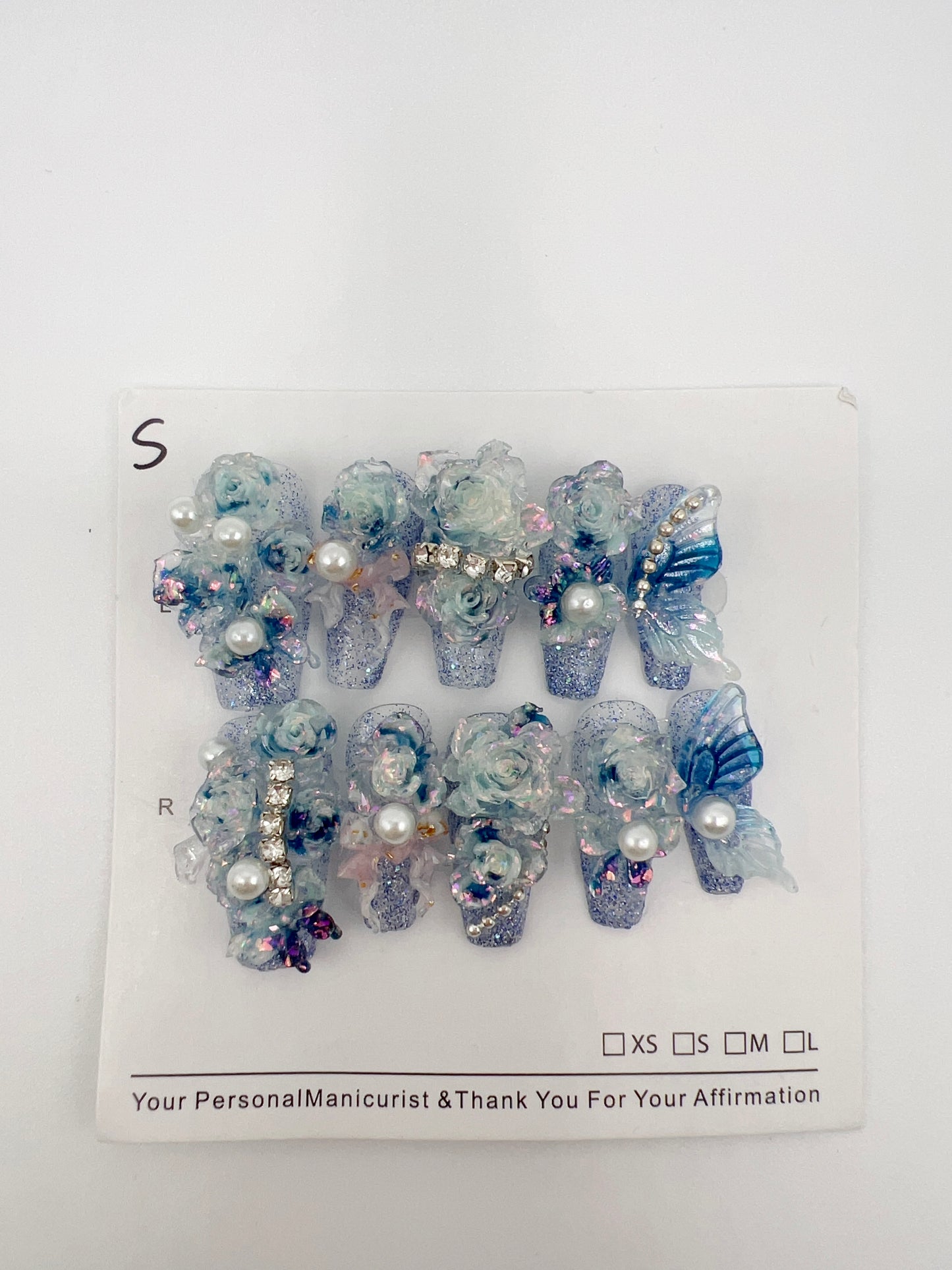 Luxury Medium Coffin Press-On Nails with 2D Flower & Pearl Charms