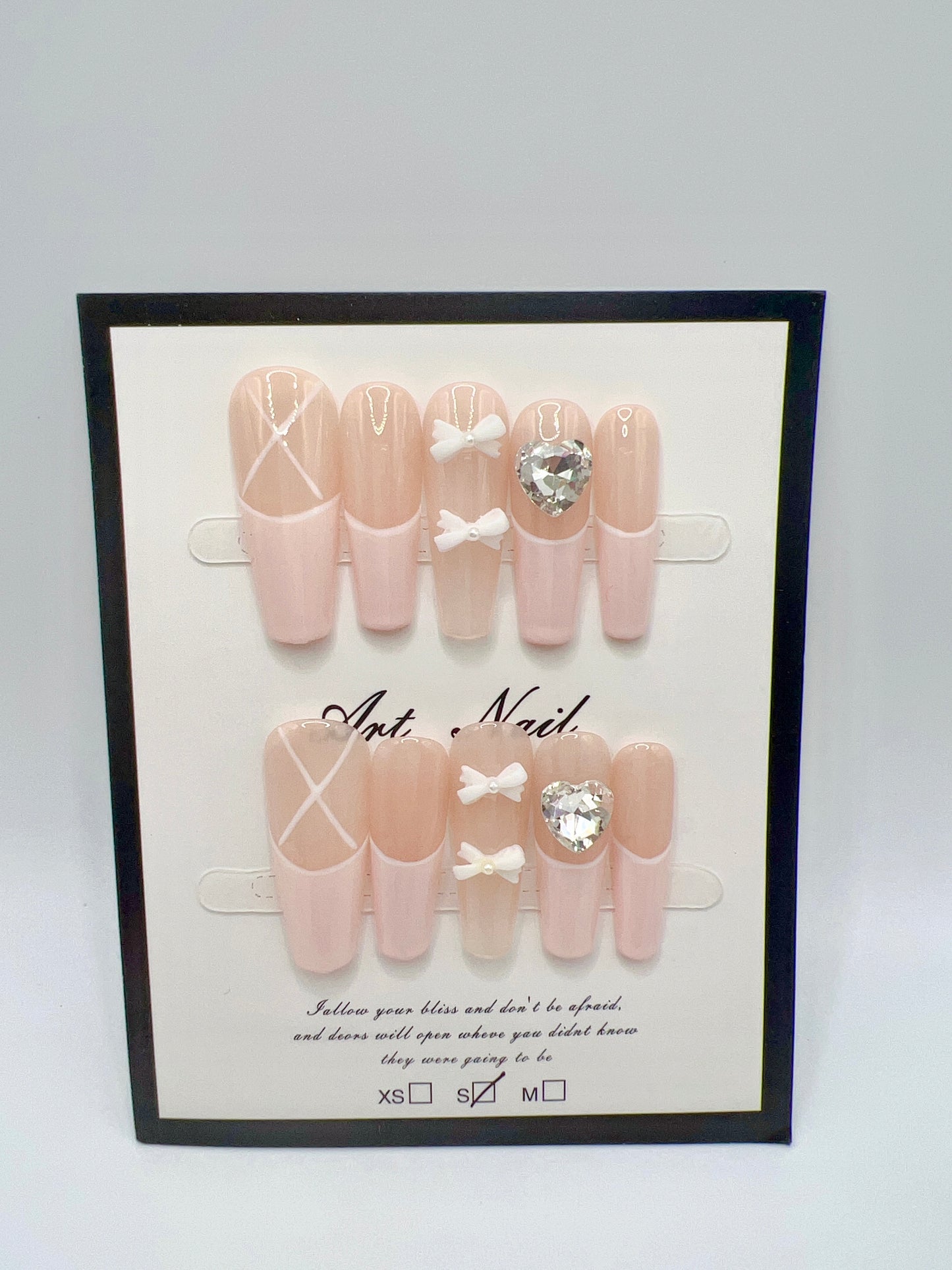 Pink Long Coffin Press-On Nails with Rhinestone & French Tip – Small Size