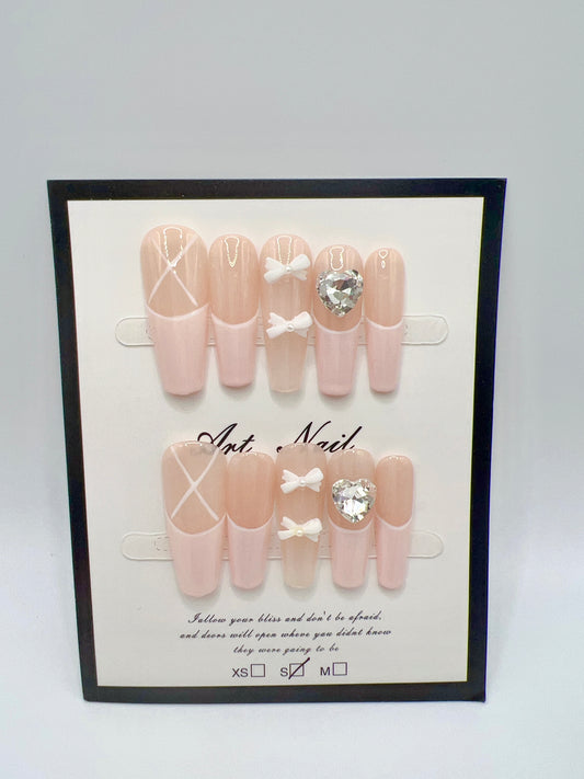Pink Long Coffin Press-On Nails with Rhinestone & French Tip – Small Size