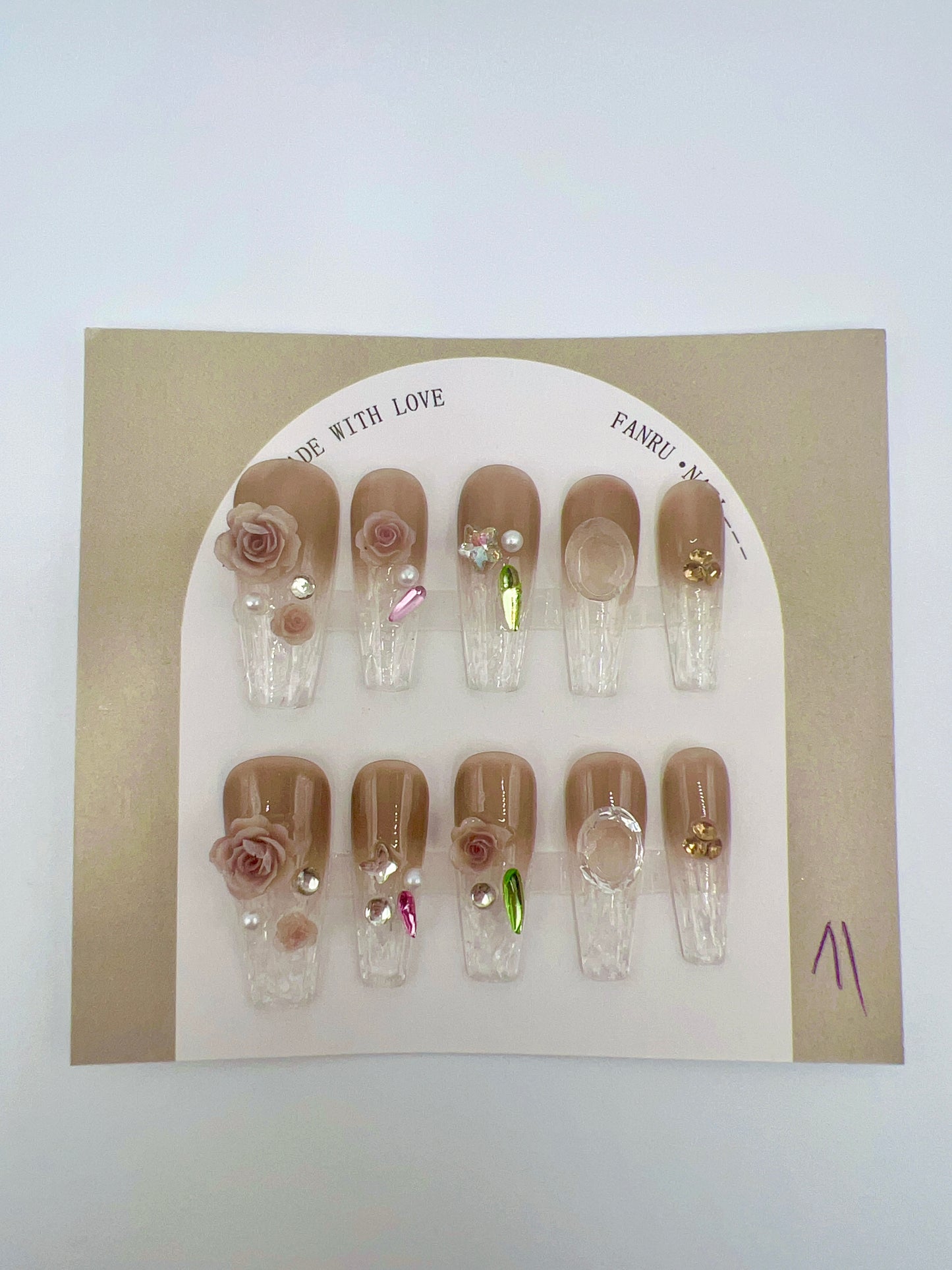 Long Coffin Press On Nails with Rhinestone, Pearl & 2D Flower