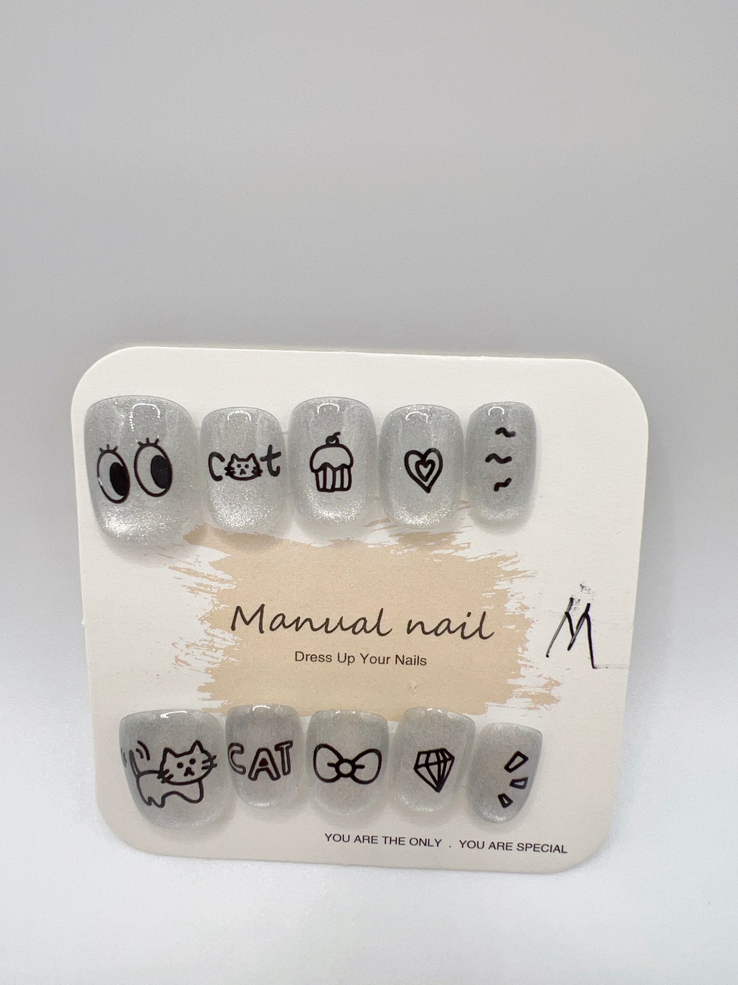 5 Set Short Square Press-On Nails with Cat Eye or Glitter Design