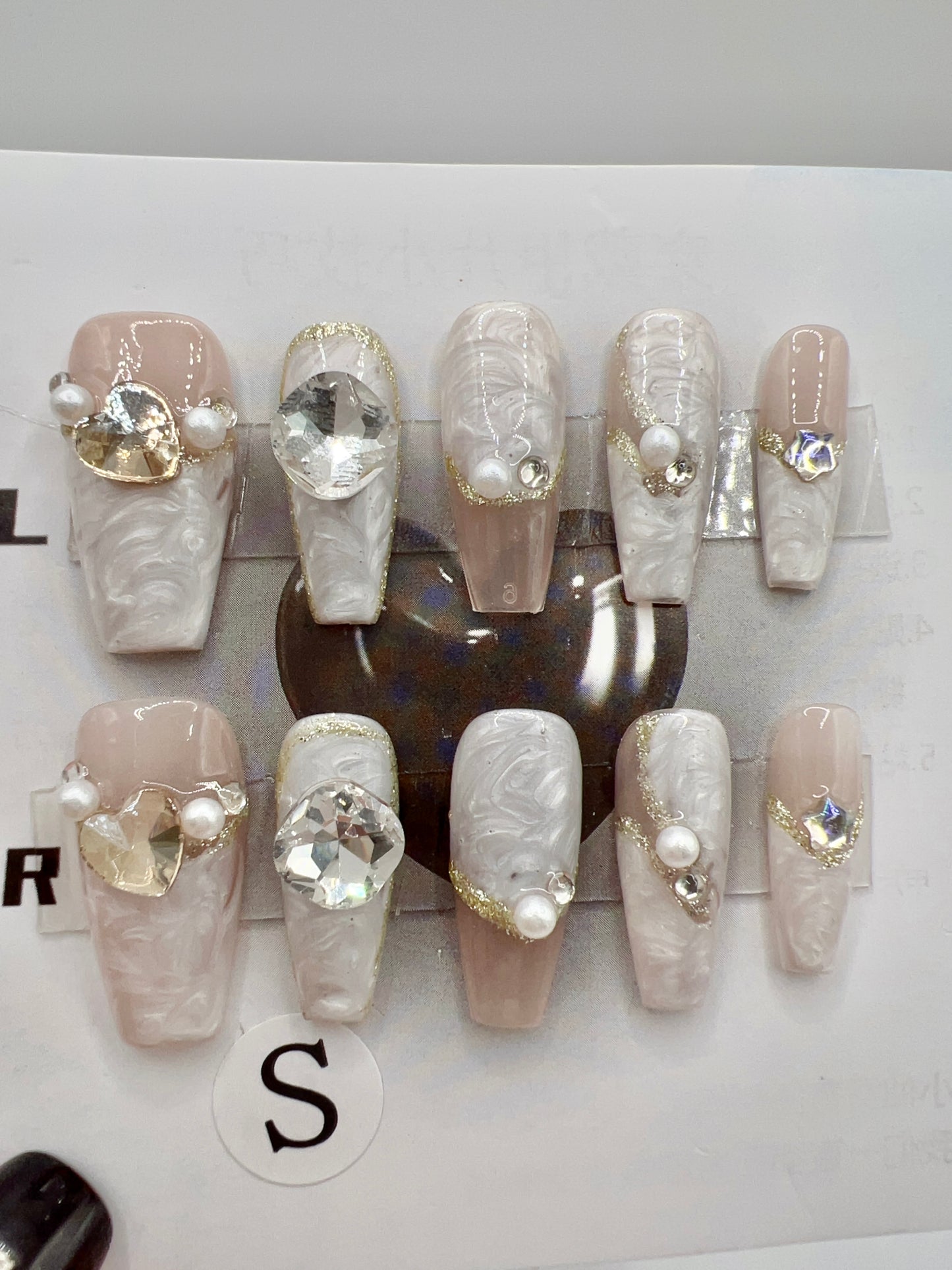 Medium Coffin Press-On Nails with Rhinestones & Glitter French Tip – Small Size