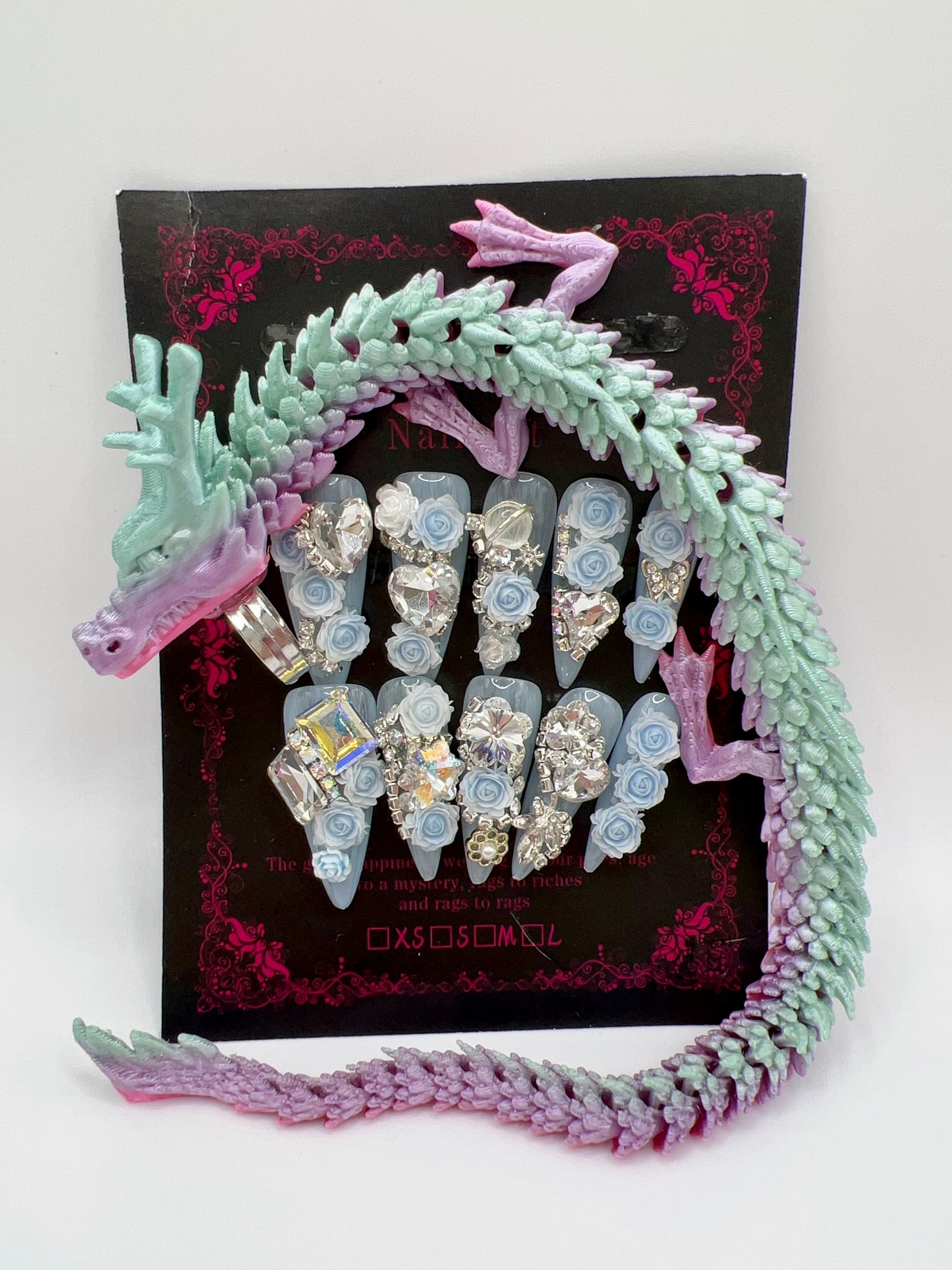 Luxury Rhinestone Press-On Nails with 3D Flower Charms & Dragon Rings – Long Stiletto, Large Size, Reusable
